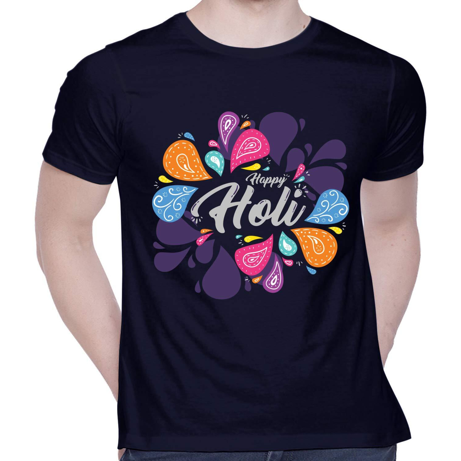 CreativiT Graphic Printed T-Shirt for Unisex Happy Holi 2020 Funky Colorful t-Shirt Tshirt | Casual Half Sleeve Round Neck T-Shirt | 100% Cotton | D00310-9_Navy Blue_X-Large