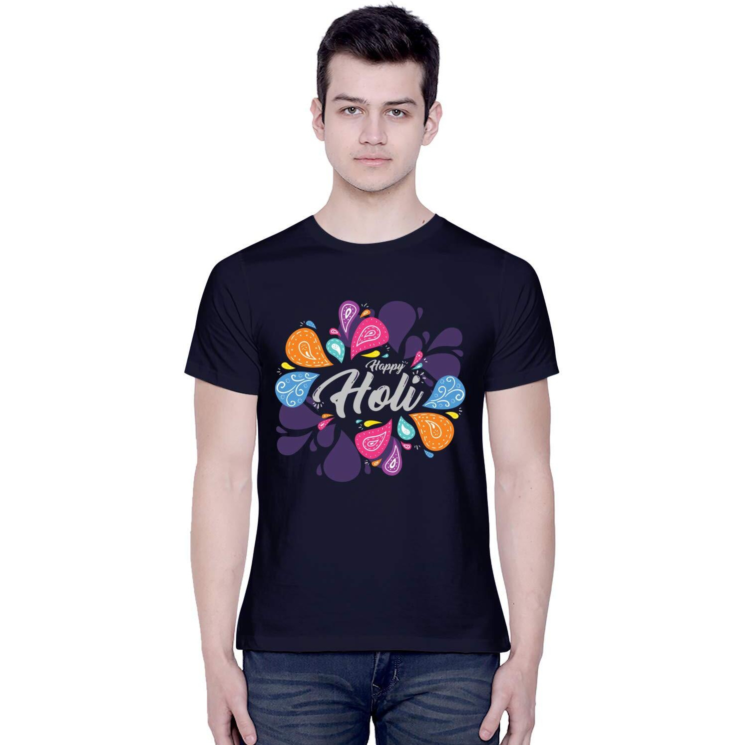 CreativiT Graphic Printed T-Shirt for Unisex Happy Holi 2020 Funky Colorful t-Shirt Tshirt | Casual Half Sleeve Round Neck T-Shirt | 100% Cotton | D00310-9_Navy Blue_X-Large