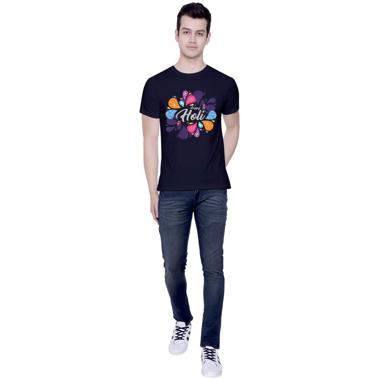 CreativiT Graphic Printed T-Shirt for Unisex Happy Holi 2020 Funky Colorful t-Shirt Tshirt | Casual Half Sleeve Round Neck T-Shirt | 100% Cotton | D00310-9_Navy Blue_X-Large