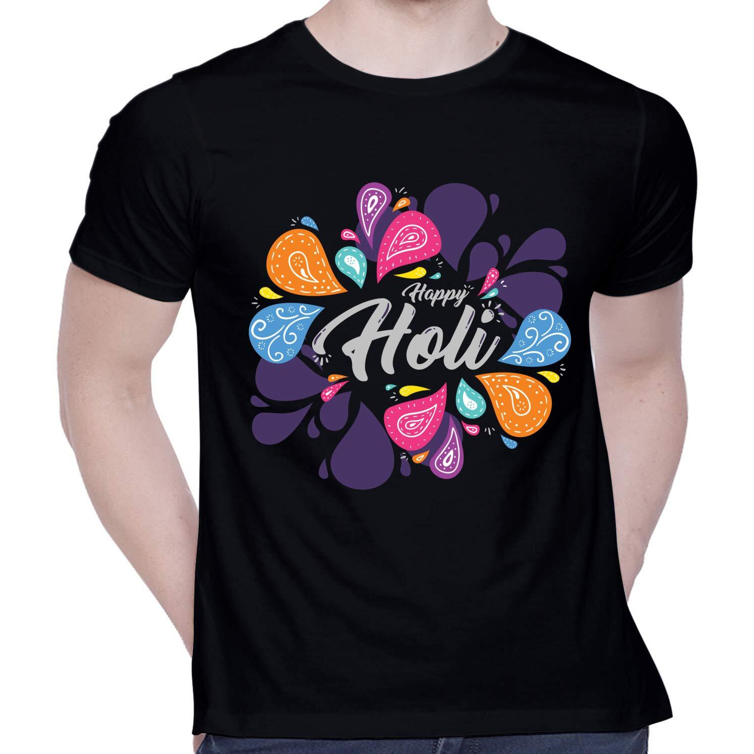 CreativiT Graphic Printed T-Shirt for Unisex Happy Holi 2020 Funky Colorful t-Shirt Tshirt | Casual Half Sleeve Round Neck T-Shirt | 100% Cotton | D00310-9_Black_XXX-Large