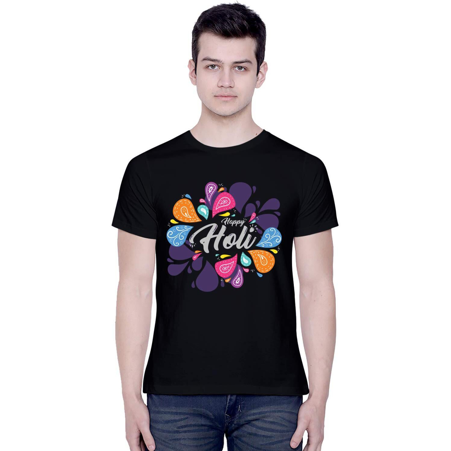 CreativiT Graphic Printed T-Shirt for Unisex Happy Holi 2020 Funky Colorful t-Shirt Tshirt | Casual Half Sleeve Round Neck T-Shirt | 100% Cotton | D00310-9_Black_Medium