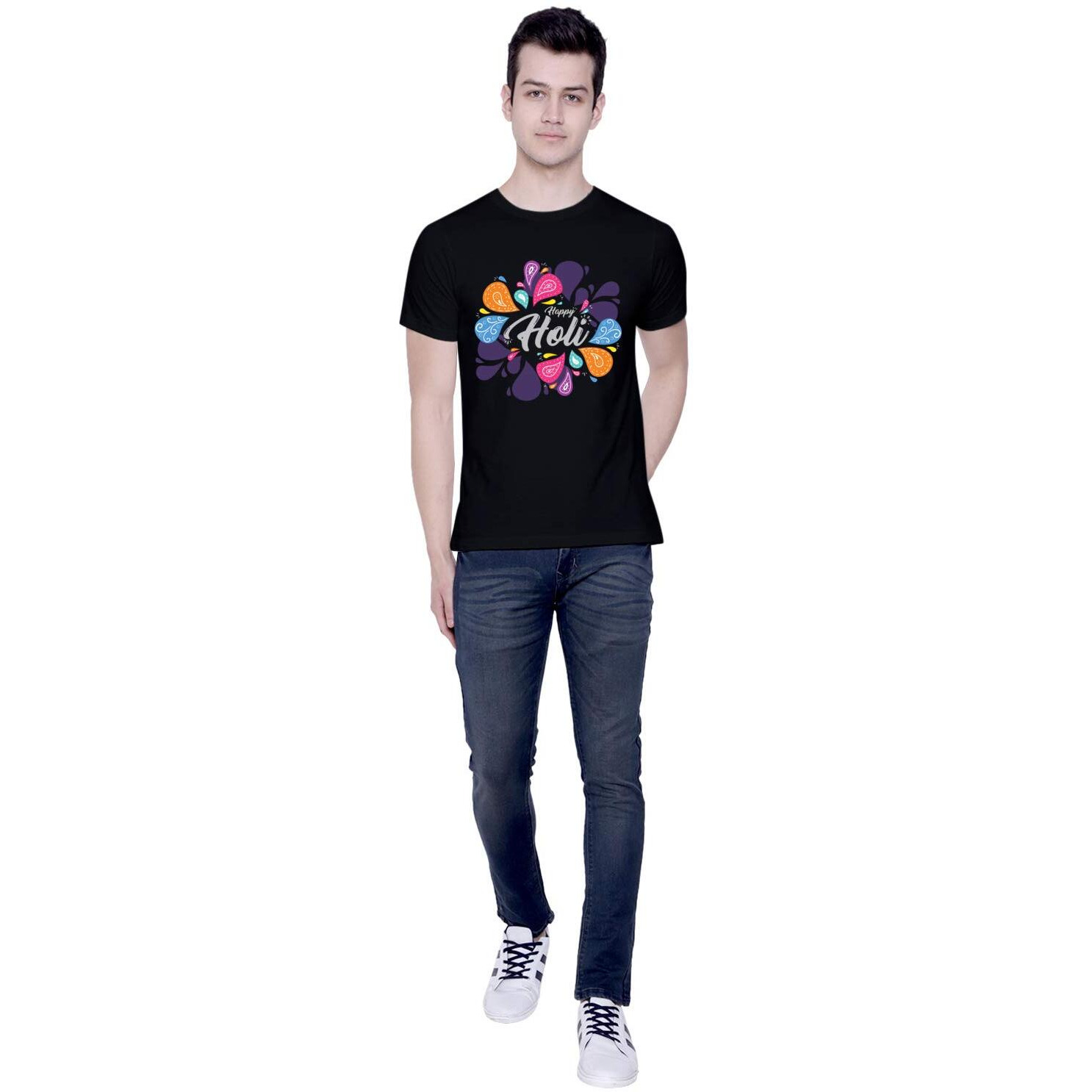 CreativiT Graphic Printed T-Shirt for Unisex Happy Holi 2020 Funky Colorful t-Shirt Tshirt | Casual Half Sleeve Round Neck T-Shirt | 100% Cotton | D00310-9_Black_Medium