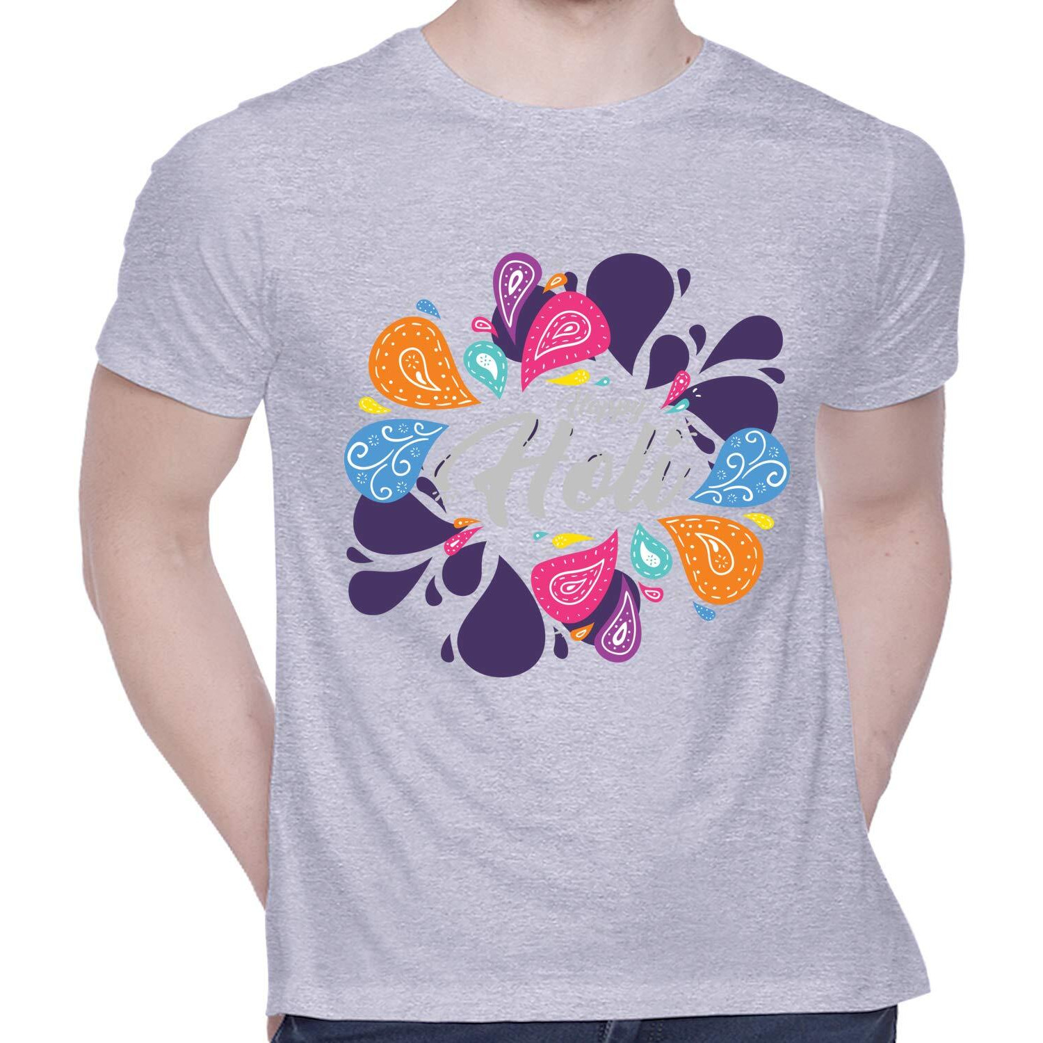 CreativiT Graphic Printed T-Shirt for Unisex Happy Holi Tshirt | Casual Half Sleeve Round Neck T-Shirt | 100% Cotton | D00310-10_Grey_XXX-Large