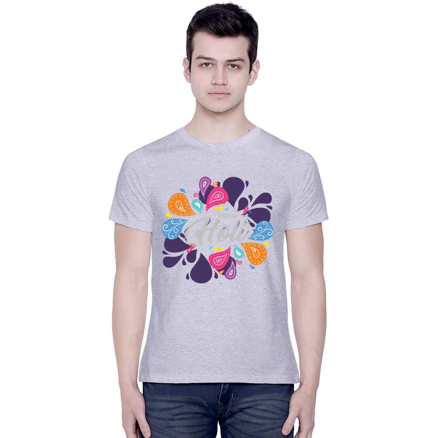 CreativiT Graphic Printed T-Shirt for Unisex Happy Holi Tshirt | Casual Half Sleeve Round Neck T-Shirt | 100% Cotton | D00310-10_Grey_XXX-Large