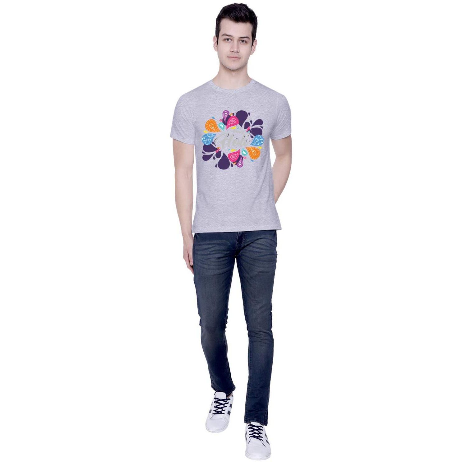 CreativiT Graphic Printed T-Shirt for Unisex Happy Holi Tshirt | Casual Half Sleeve Round Neck T-Shirt | 100% Cotton | D00310-10_Grey_XXX-Large