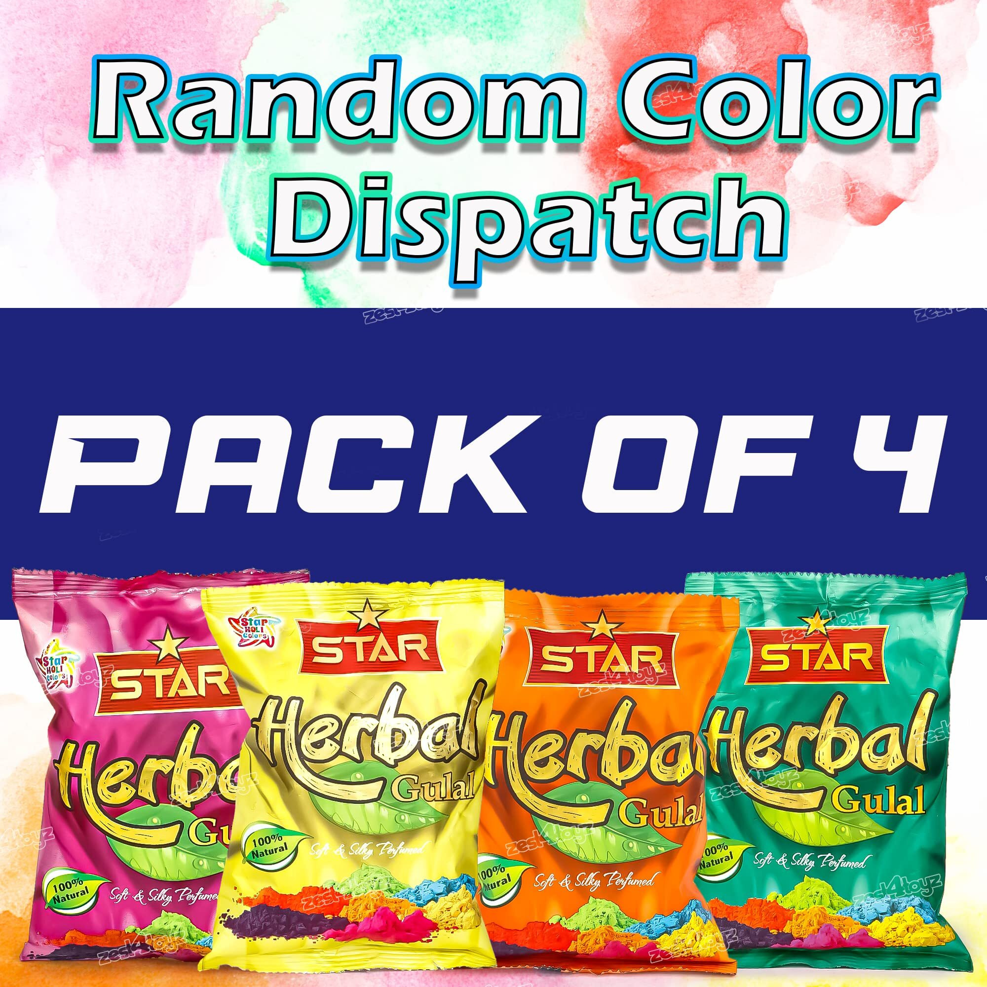 Zest 4 Toyz Herbal Gulal Holi Color for Kids Non-Toxic Perfumed Natural Fragrance Soft Silky Gulal Color for Holi- Pack of 4 -Assorted Color