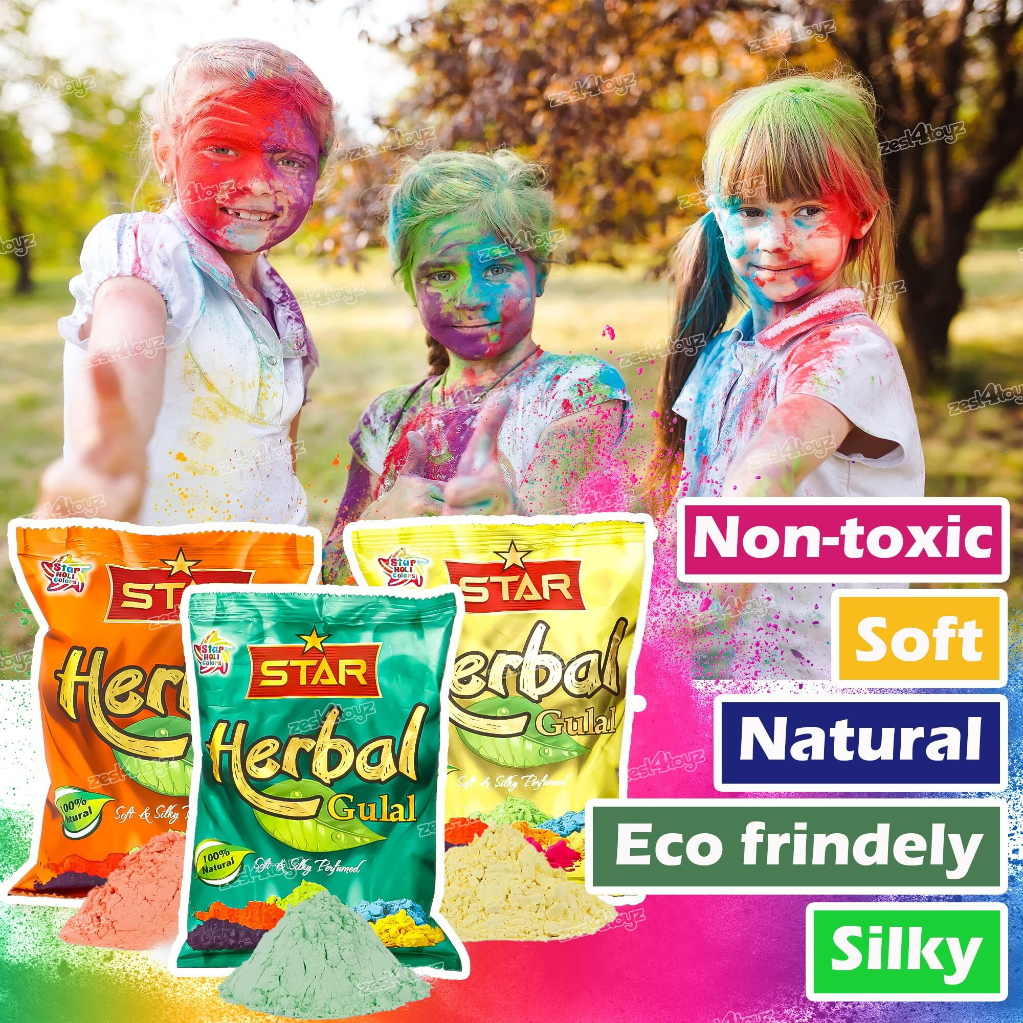 Zest 4 Toyz Herbal Gulal Holi Color for Kids Non-Toxic Perfumed Natural Fragrance Soft Silky Gulal Color for Holi- Pack of 4 -Assorted Color