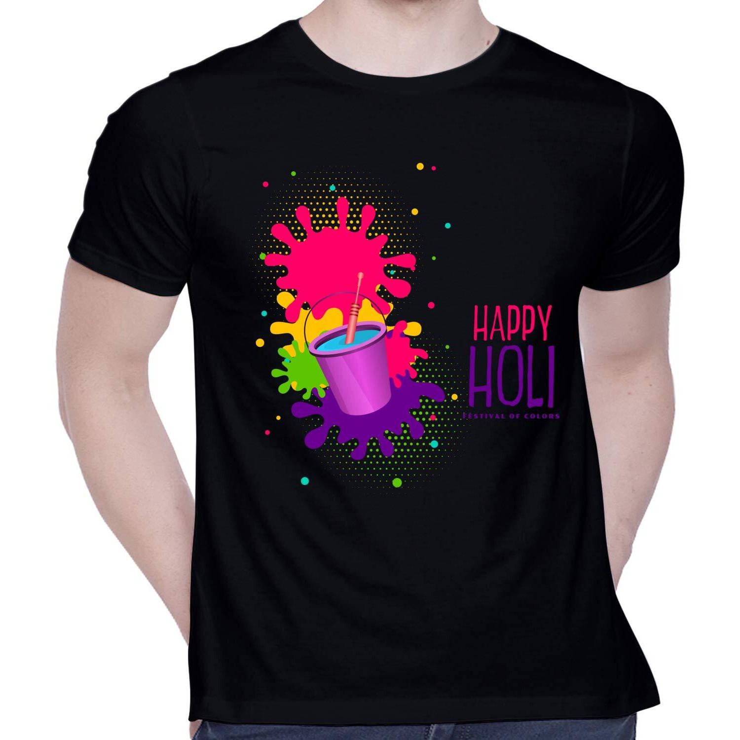 CreativiT Graphic Printed T-Shirt for Unisex Happy Holi Tshirt | Casual Half Sleeve Round Neck T-Shirt | 100% Cotton | D00310-10_Black_Large