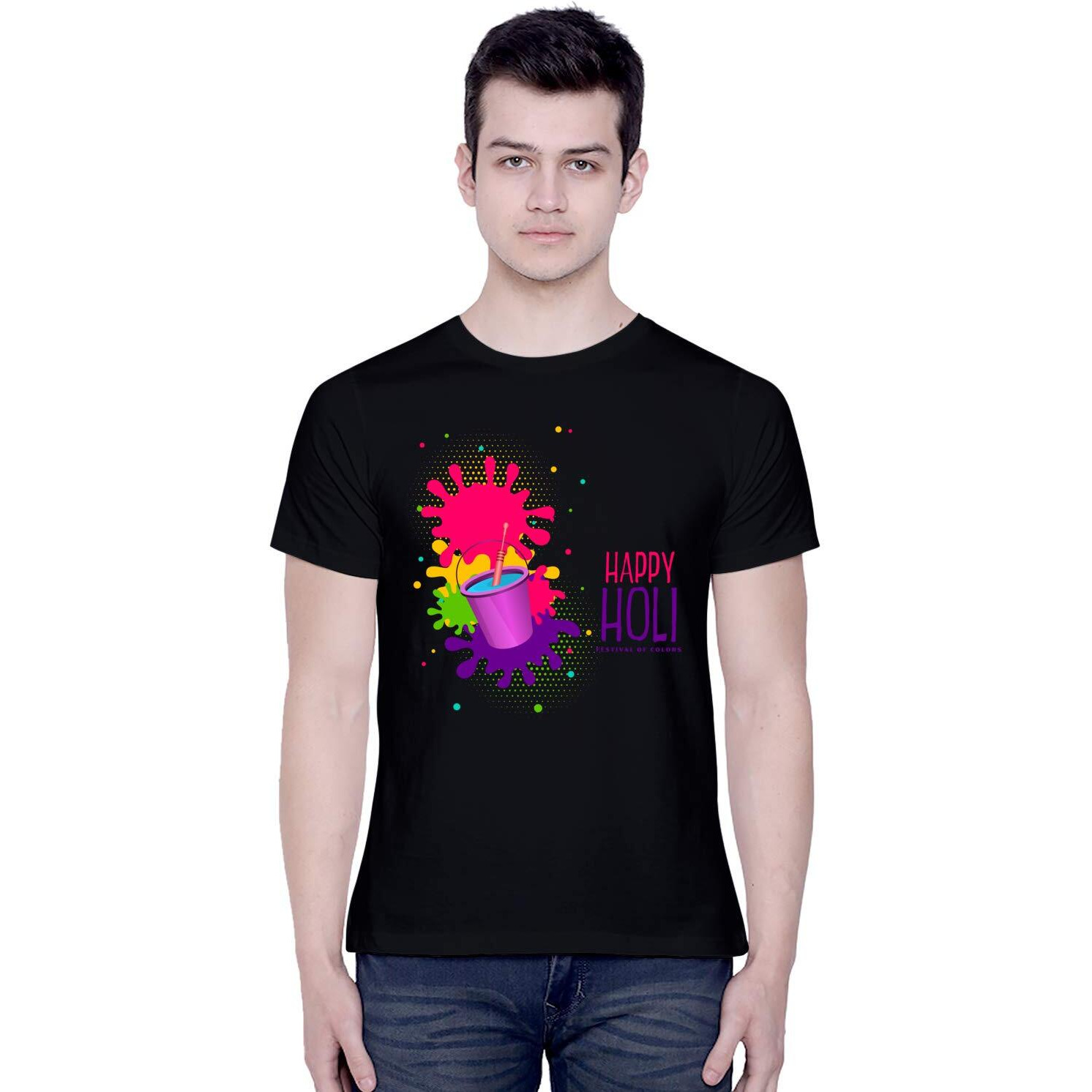 CreativiT Graphic Printed T-Shirt for Unisex Happy Holi Tshirt | Casual Half Sleeve Round Neck T-Shirt | 100% Cotton | D00310-10_Black_Large
