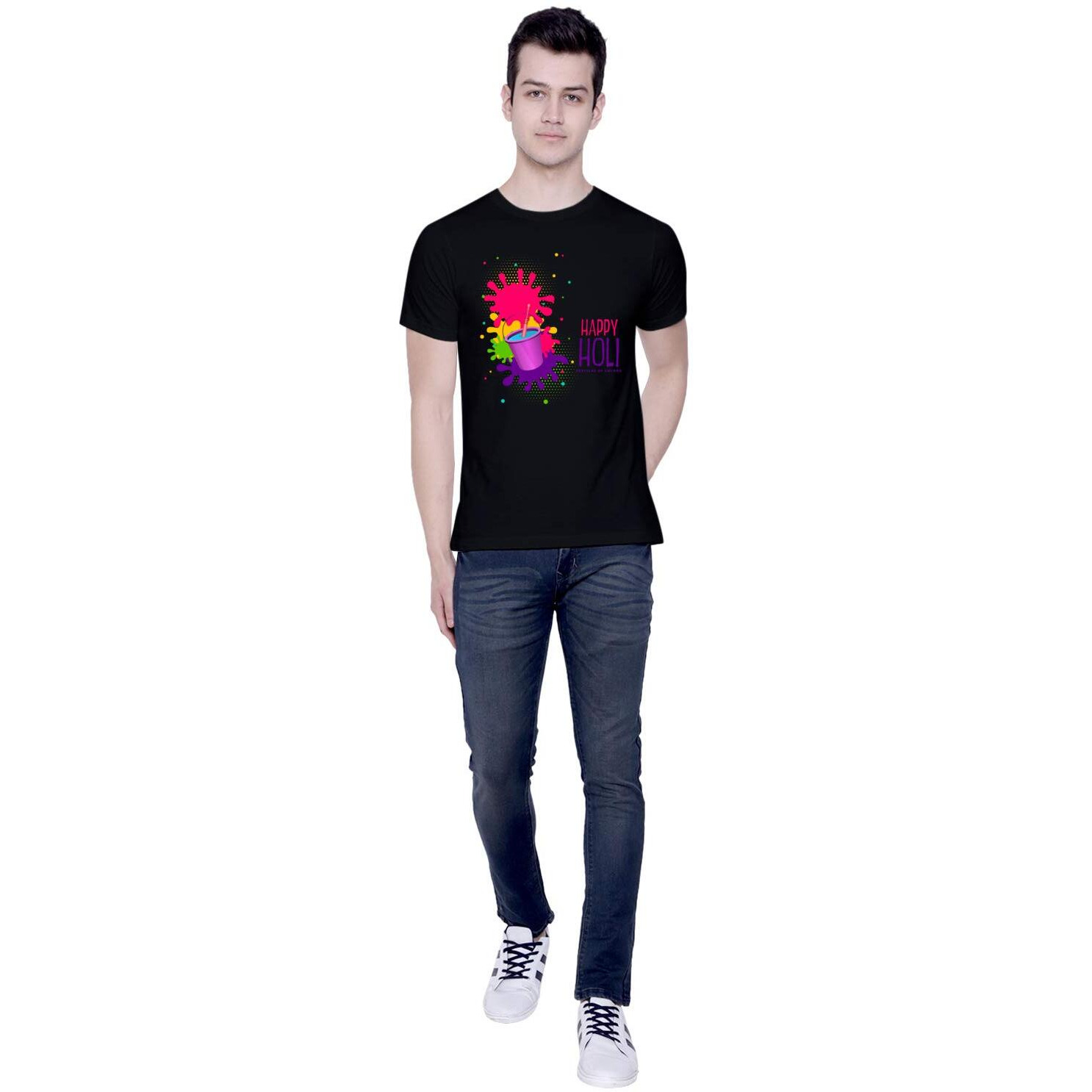 CreativiT Graphic Printed T-Shirt for Unisex Happy Holi Tshirt | Casual Half Sleeve Round Neck T-Shirt | 100% Cotton | D00310-10_Black_Large