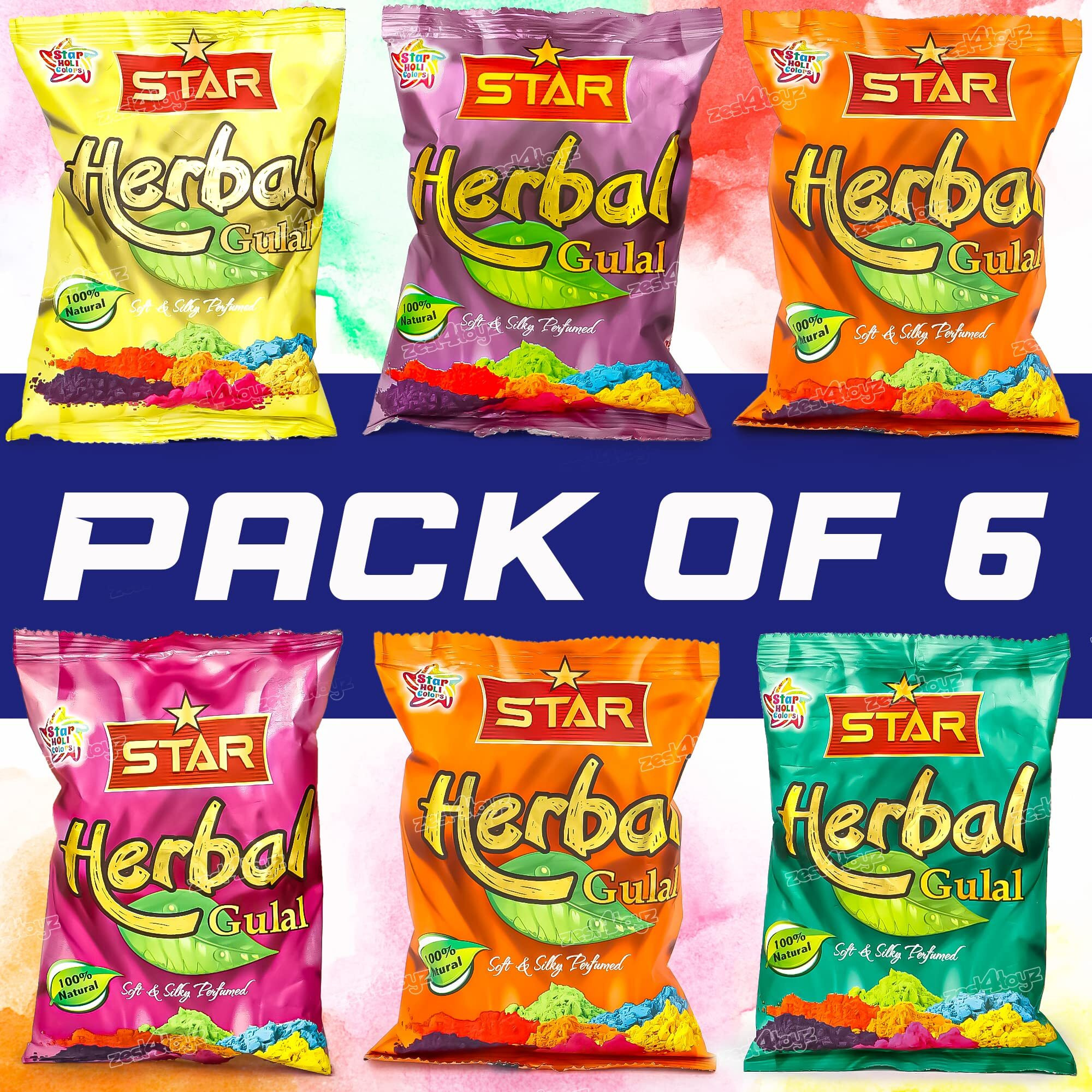 Zest 4 Toyz Herbal Gulal Holi Color for Kids Non-Toxic Perfumed Natural Fragrance Soft Silky Gulal Color for Holi- Pack of 6 -Assorted Color