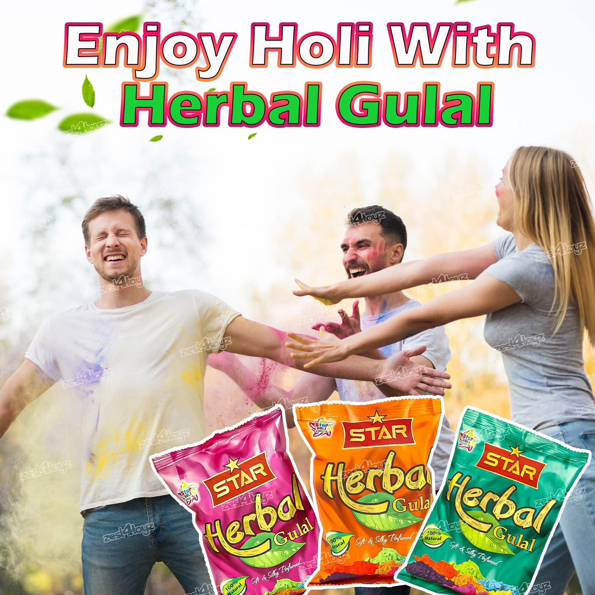 Zest 4 Toyz Herbal Gulal Holi Color for Kids Non-Toxic Perfumed Natural Fragrance Soft Silky Gulal Color for Holi- Pack of 6 -Assorted Color