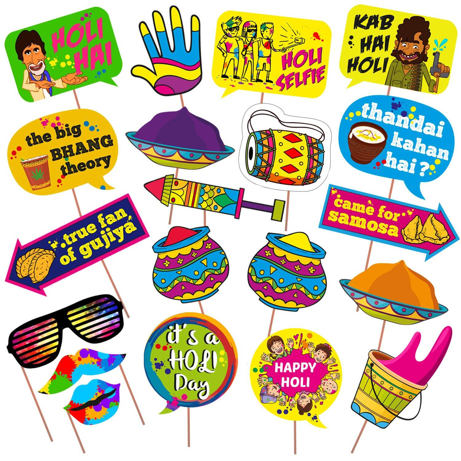 Zyozique 20 Pcs Holi Photo Booth Props/Holi Props for Photoshoot/Happy Holi Paper Banner/Happy Holi Decoration for Holi Festival Photo Props, Holi Bollywood Party Supplies