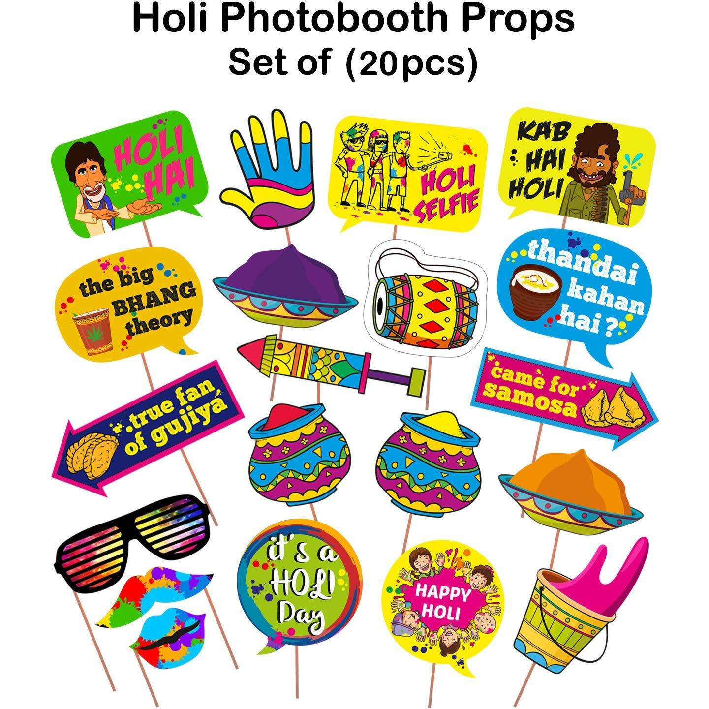 Zyozique 20 Pcs Holi Photo Booth Props/Holi Props for Photoshoot/Happy Holi Paper Banner/Happy Holi Decoration for Holi Festival Photo Props, Holi Bollywood Party Supplies