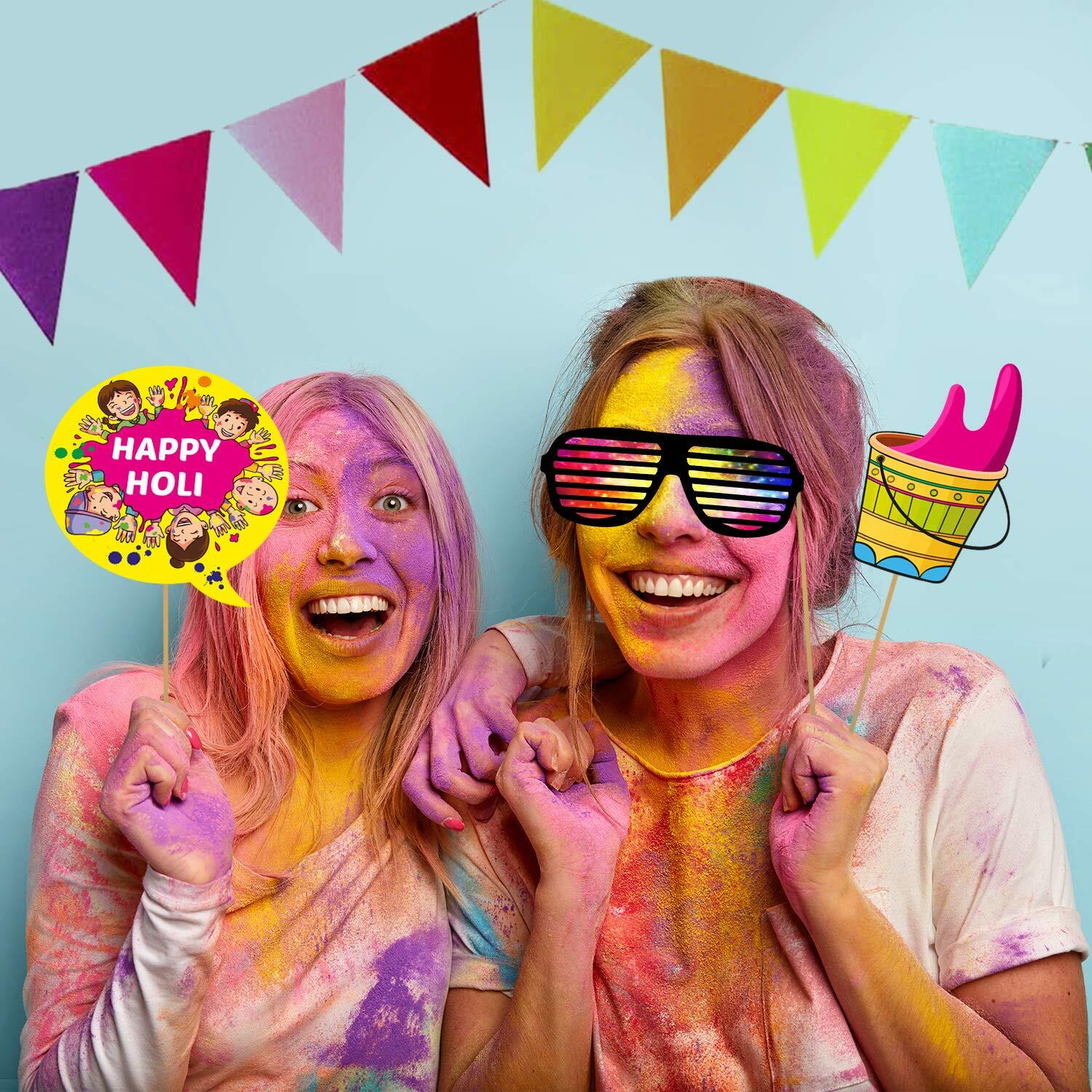 Zyozique 20 Pcs Holi Photo Booth Props/Holi Props for Photoshoot/Happy Holi Paper Banner/Happy Holi Decoration for Holi Festival Photo Props, Holi Bollywood Party Supplies
