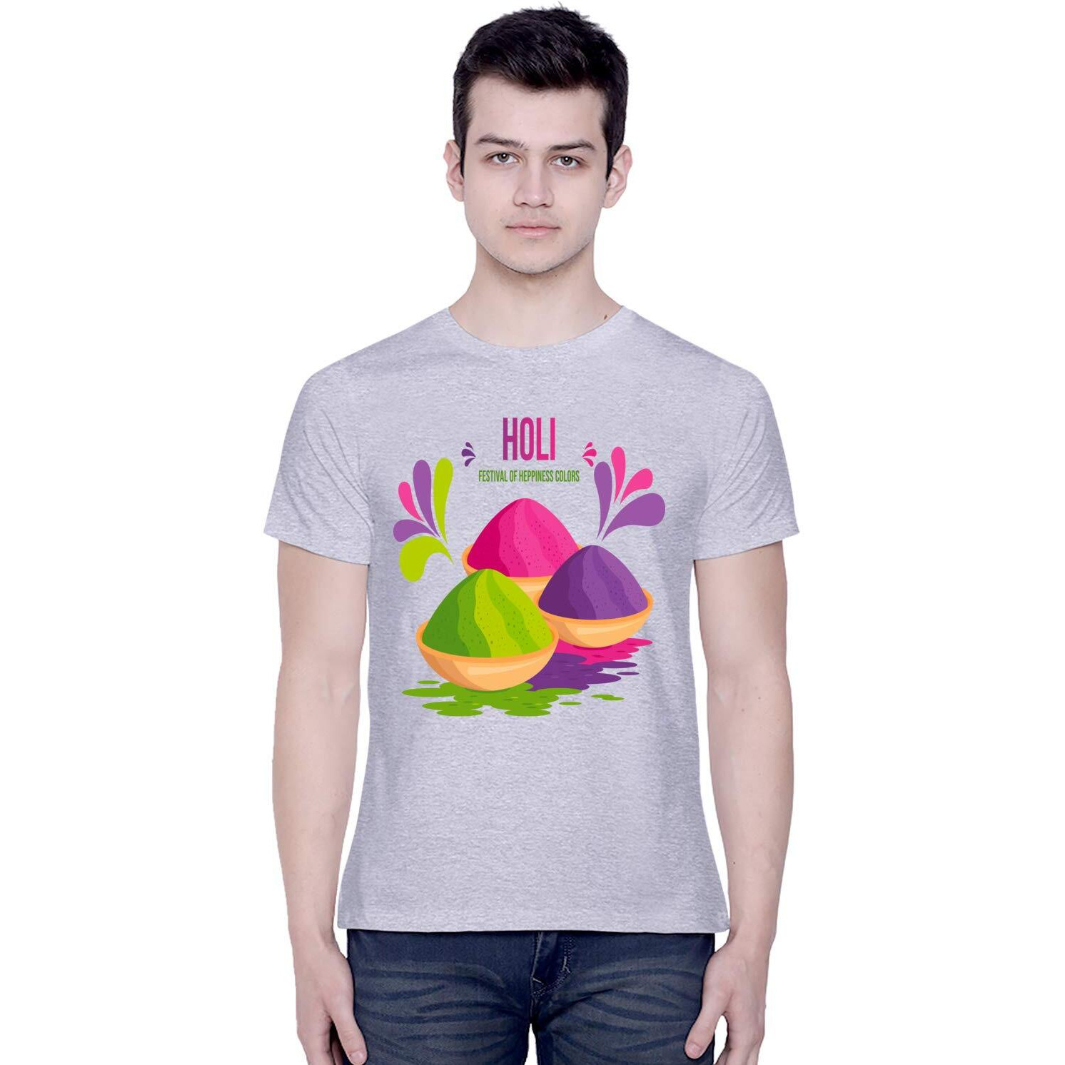 CreativiT Unisex Cotton Casual Half Sleeve Round Neck T-shirt - Holi - Festival of Colors | Festive T-Shirt Graphics Printed (D00310-14_Grey_Large)