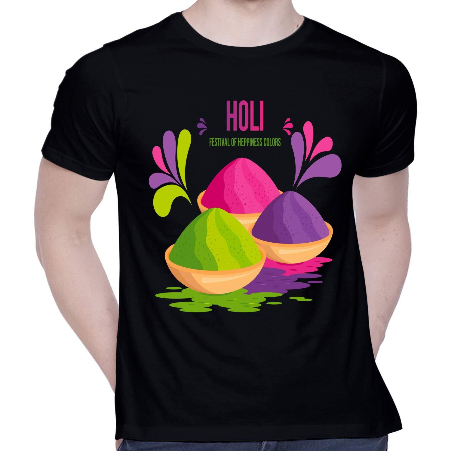 CreativiT Unisex Cotton Casual Half Sleeve Round Neck T-shirt - Holi - Festival of Colors | Festive T-Shirt Graphics Printed (D00310-14_Black_X-Large)
