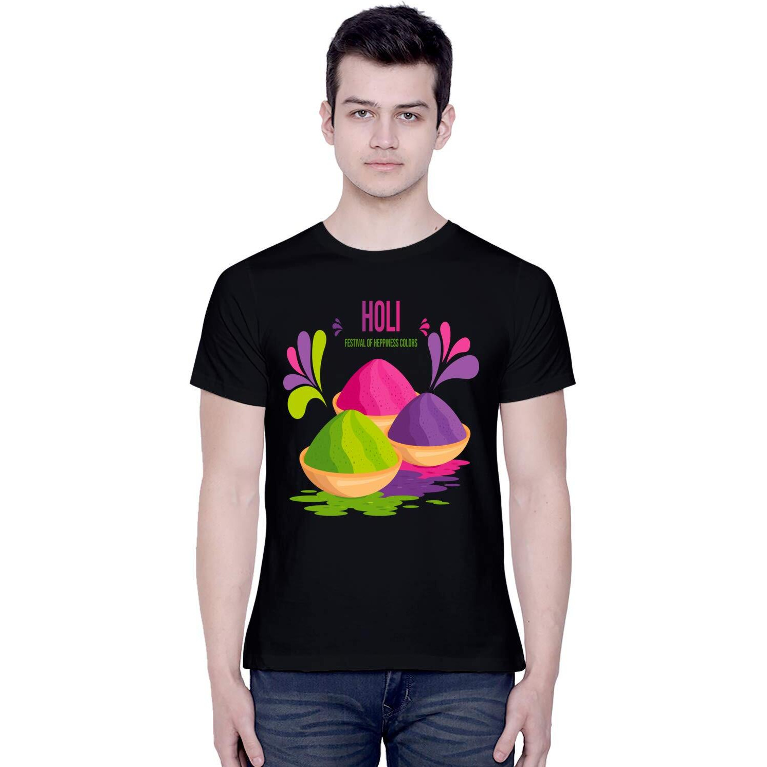CreativiT Unisex Cotton Casual Half Sleeve Round Neck T-shirt - Holi - Festival of Colors | Festive T-Shirt Graphics Printed (D00310-14_Black_X-Large)