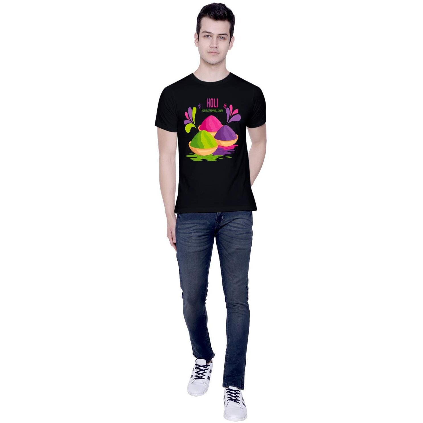 CreativiT Unisex Cotton Casual Half Sleeve Round Neck T-shirt - Holi - Festival of Colors | Festive T-Shirt Graphics Printed (D00310-14_Black_X-Large)