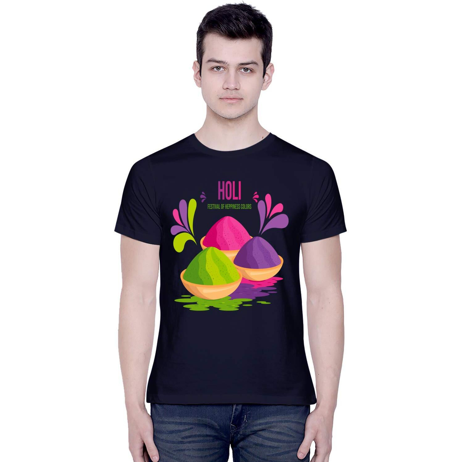 CreativiT Unisex Cotton Graphic Printed Half Sleeve Round Neck T-Shirt - Holi - Festival of Colors | Festive T-Shirt (D00310-14_Navy Blue_Small)