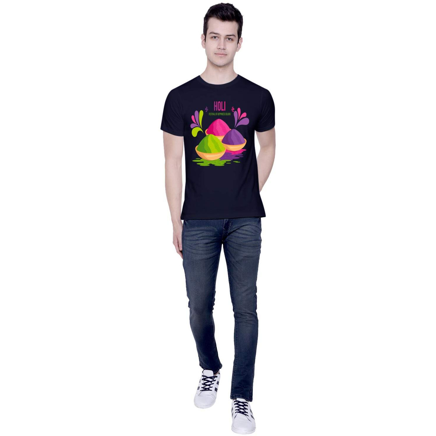 CreativiT Unisex Cotton Graphic Printed Half Sleeve Round Neck T-Shirt - Holi - Festival of Colors | Festive T-Shirt (D00310-14_Navy Blue_Small)