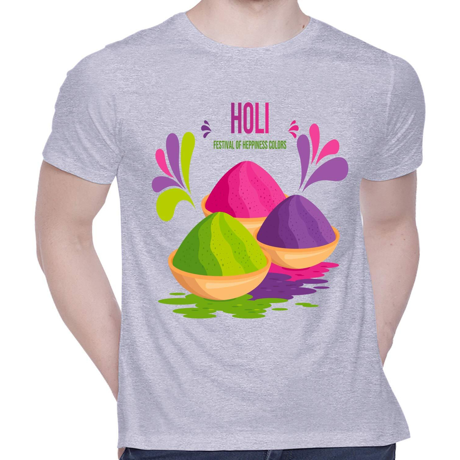 CreativiT Unisex Cotton Holi - Festival of Colors Graphic Printed Casual Half Sleeve Round Neck T-Shirt, D00310-14_Grey_Small