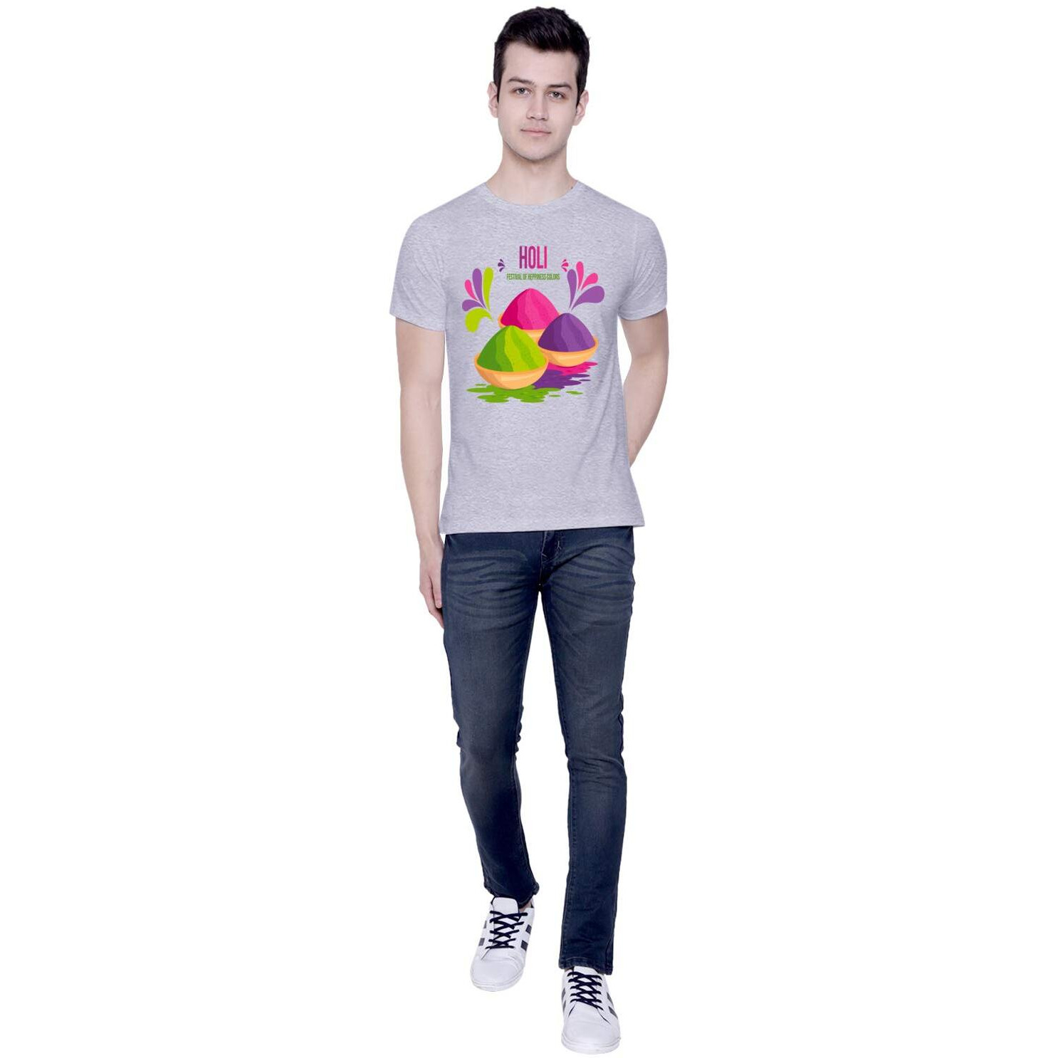CreativiT Unisex Cotton Holi - Festival of Colors Graphic Printed Casual Half Sleeve Round Neck T-Shirt, D00310-14_Grey_Small