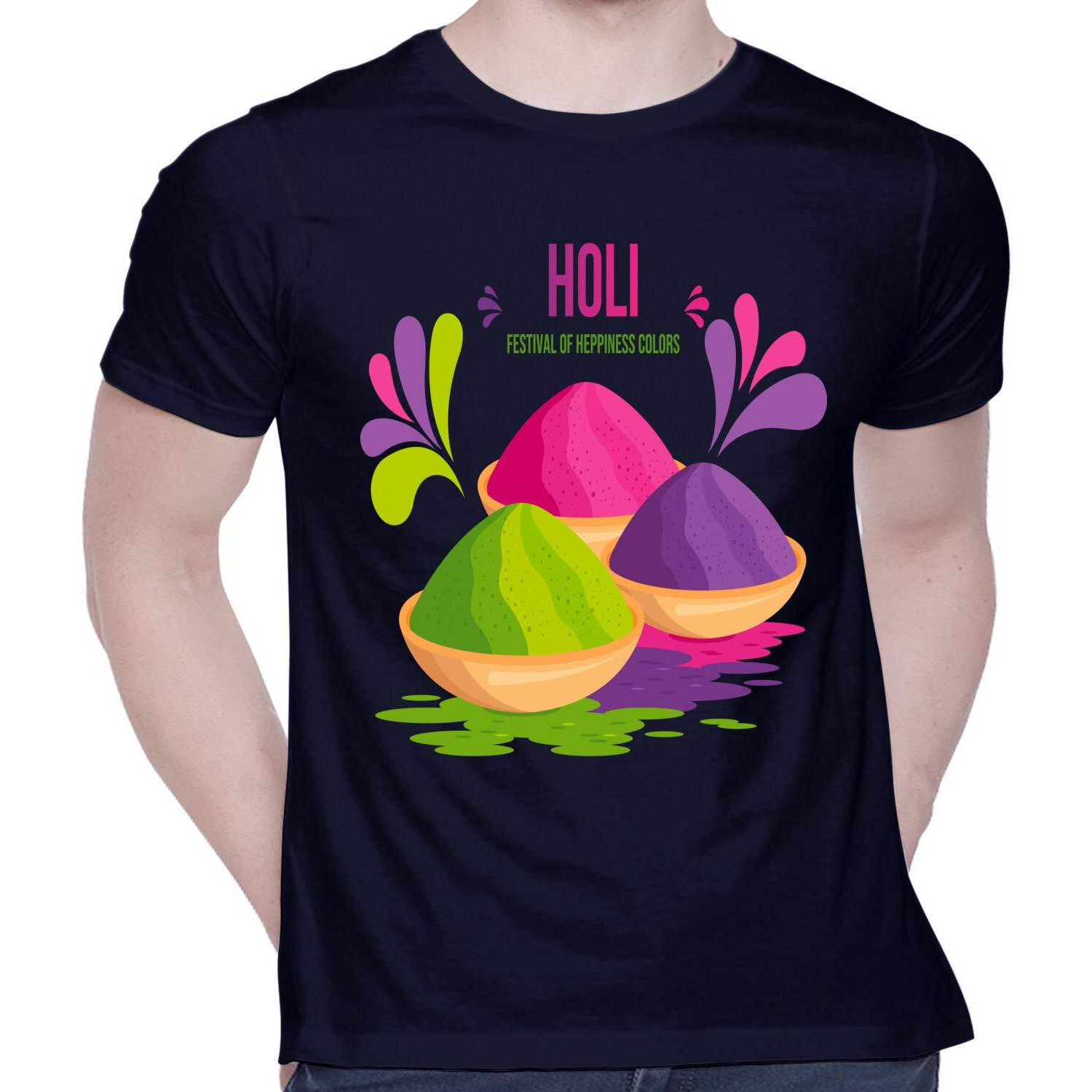CreativiT Unisex Cotton Holi - Festival of Colors Graphic Printed Casual Half Sleeve Round Neck T-Shirt (D00310-14_Navy Blue_Large)