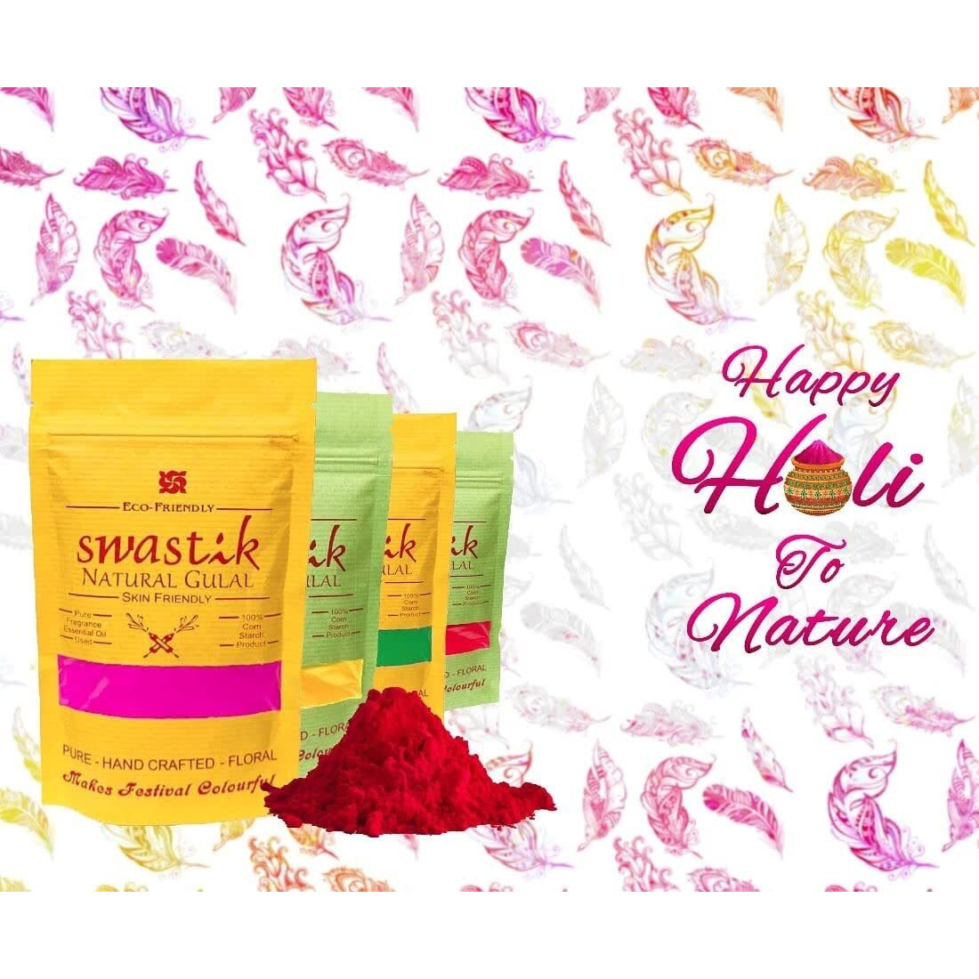 Crazy Pots Holi Gulal Color - Pure Handcrafted Floral, 100% Natural & Eco Friendly - Pack of 4 (100gm per Pack) Pink, Yellow, Green & Red
