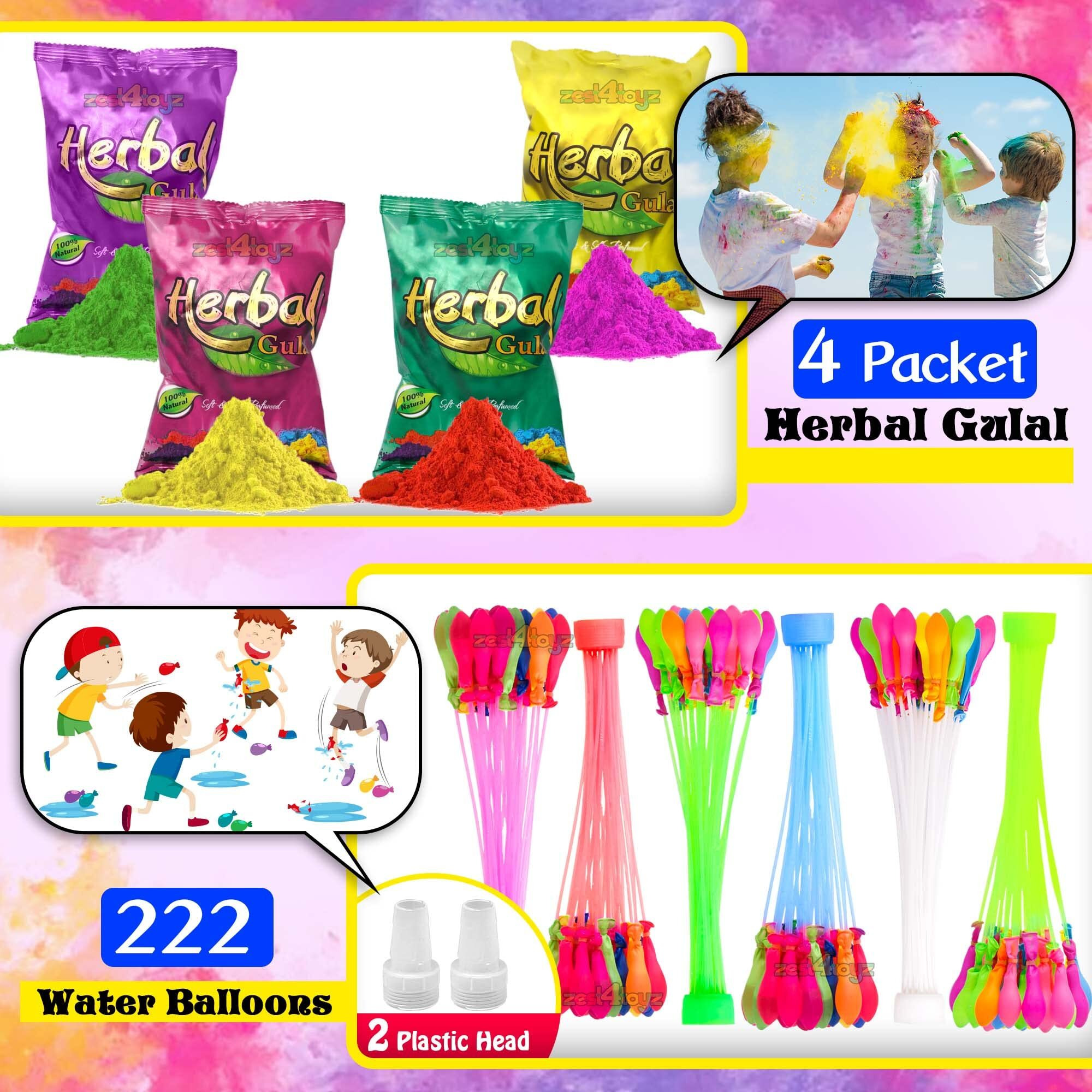 Zest 4 Toyz Holi Magic Water Balloons Pack for Kids with 4 Holi Herbal Gulal Vibrant Colors Quick Fill Easy Tie Water Balloon Holi Celebrations - Boys and Girls (Pack of 222)