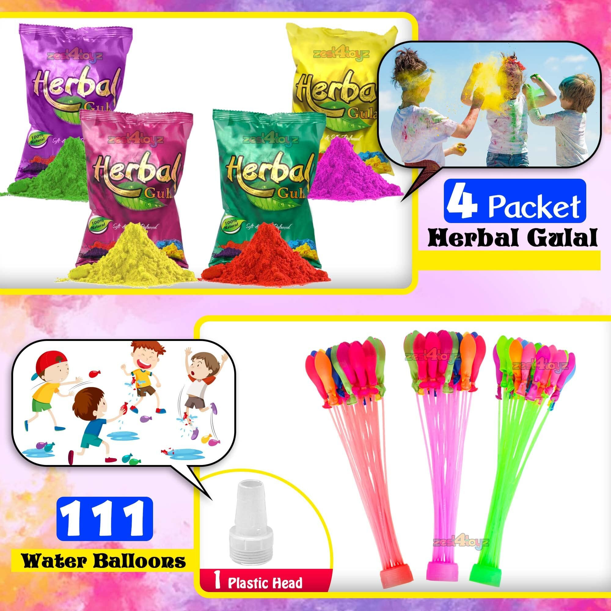 Zest 4 Toyz Holi Magic Water Balloons Pack for Kids with 4 Holi Herbal Gulal Vibrant Colors Quick Fill Easy Tie Water Balloon Holi Celebrations for Boys and Girls (Pack of 111)