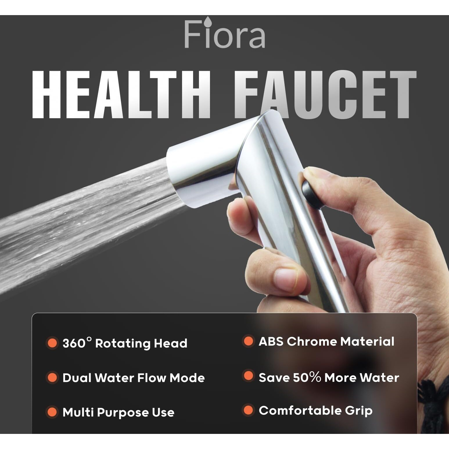 FIORA Bathroom Water Saving ABS Health Faucet | Jet Spray for Toilet | Shower Faucet | Health Faucet for Bathroom | Health Faucet Gun Only | High Pressure Jet Spray Gun | 2 Flow Modes | Chrome Finish