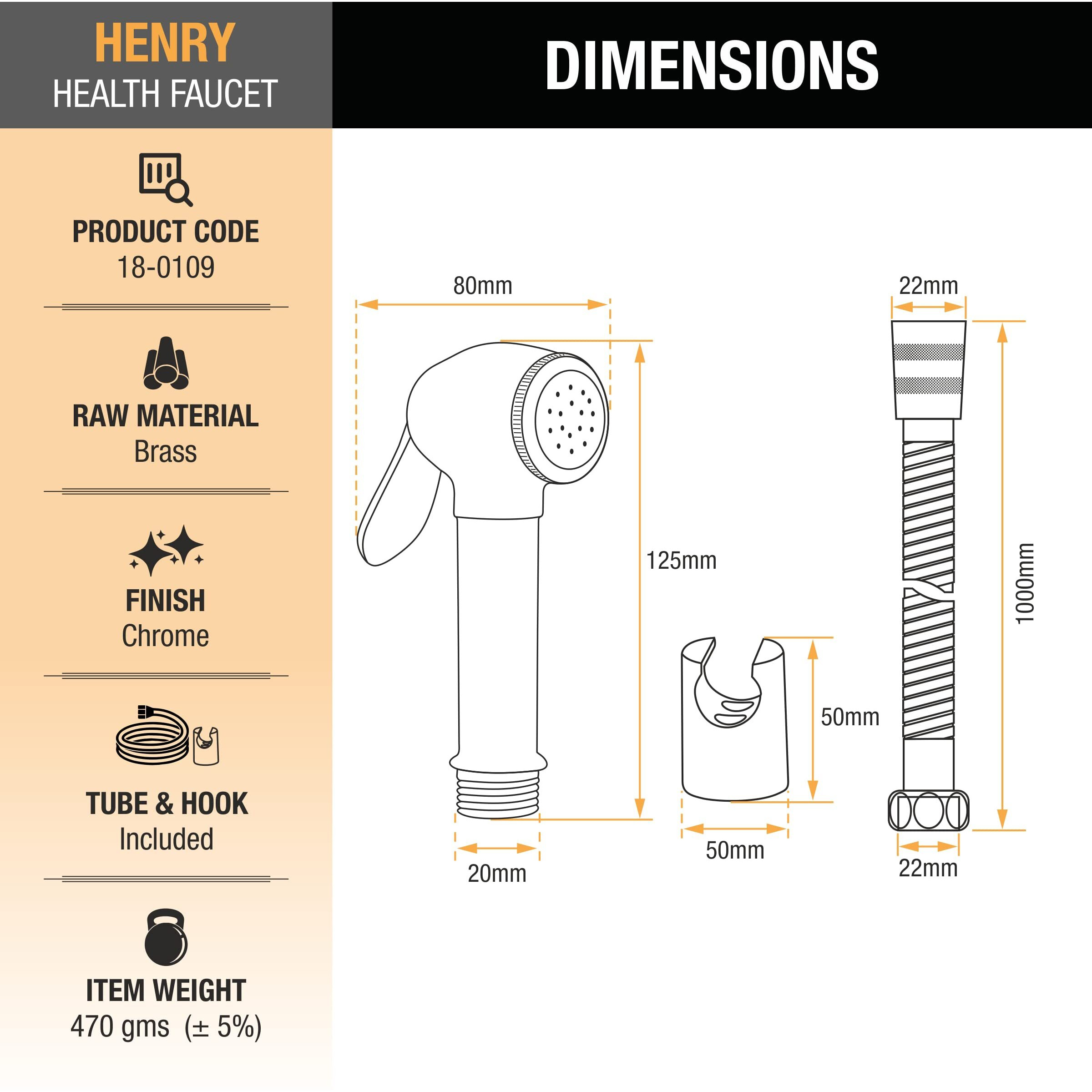 Ruhe Henry Health Faucet Set for Bathroom/Handheld Jet Spray for Toilet | Brass Water Spray Gun Easy Grip with 304-Grade Stainless Steel Flexible Shower Tube 1.5 Meter and Wall Hook/Holder