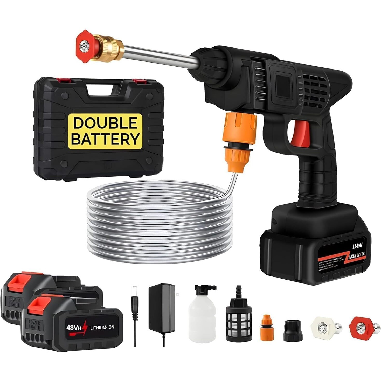 YOGIMOONI Cordless Portable Wireless Pressure Washer Gun 48V 12000mah High Pressure Water Gun for Car Wash Bike Washing Cleaning| Adjustable Nozzle and 5M Hose Pipe (Double_BETTERY)