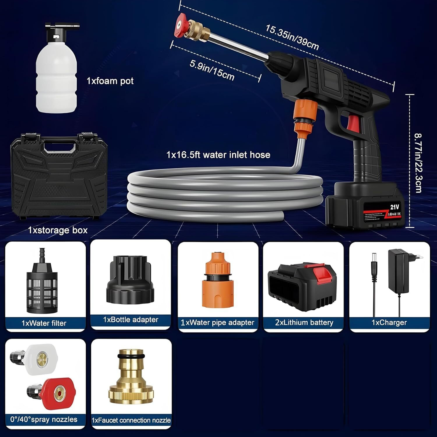 YOGIMOONI Cordless Portable Wireless Pressure Washer Gun 48V 12000mah High Pressure Water Gun for Car Wash Bike Washing Cleaning| Adjustable Nozzle and 5M Hose Pipe (Double_BETTERY)