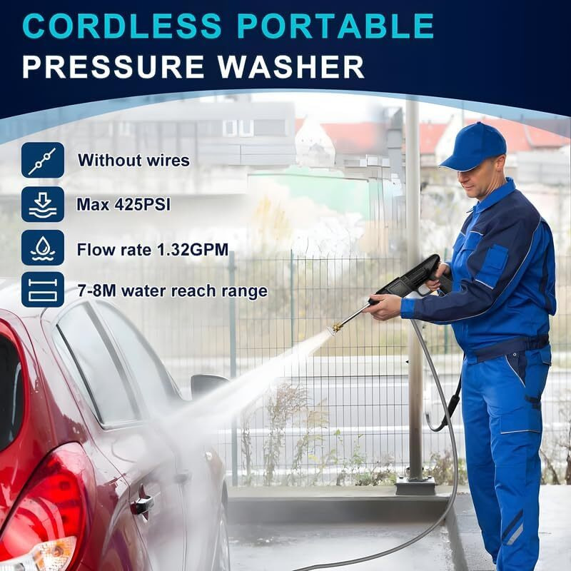 YOGIMOONI Cordless Portable Wireless Pressure Washer Gun 48V 12000mah High Pressure Water Gun for Car Wash Bike Washing Cleaning| Adjustable Nozzle and 5M Hose Pipe (Double_BETTERY)