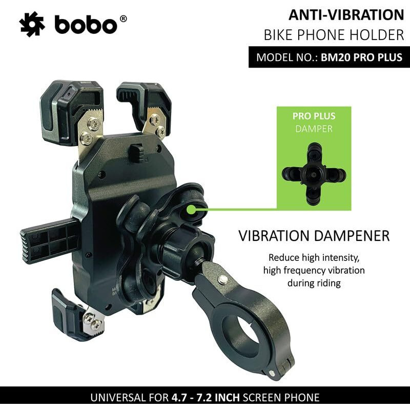 BOBO BM20 PRO Plus Four Corners Secure Grip with PRO Plus Vibration Damper Waterproof Bike/Motorcycle/Scooter Mobile Phone Holder Mount Ideal for Maps and GPS Navigation (Black)