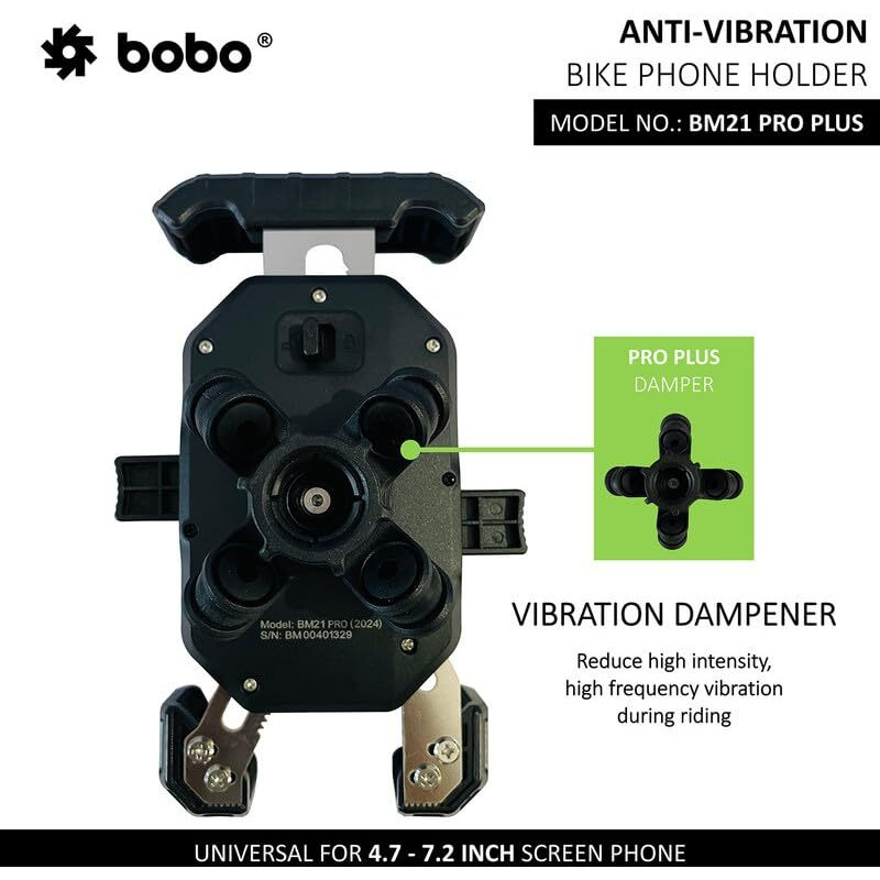 BOBO BM21 PRO Plus Top & Bottom Secure Grip with PRO Plus Vibration Damper Waterproof Bike/Motorcycle/Scooter Mobile Phone Holder Mount Ideal for Maps and GPS Navigation (Black)
