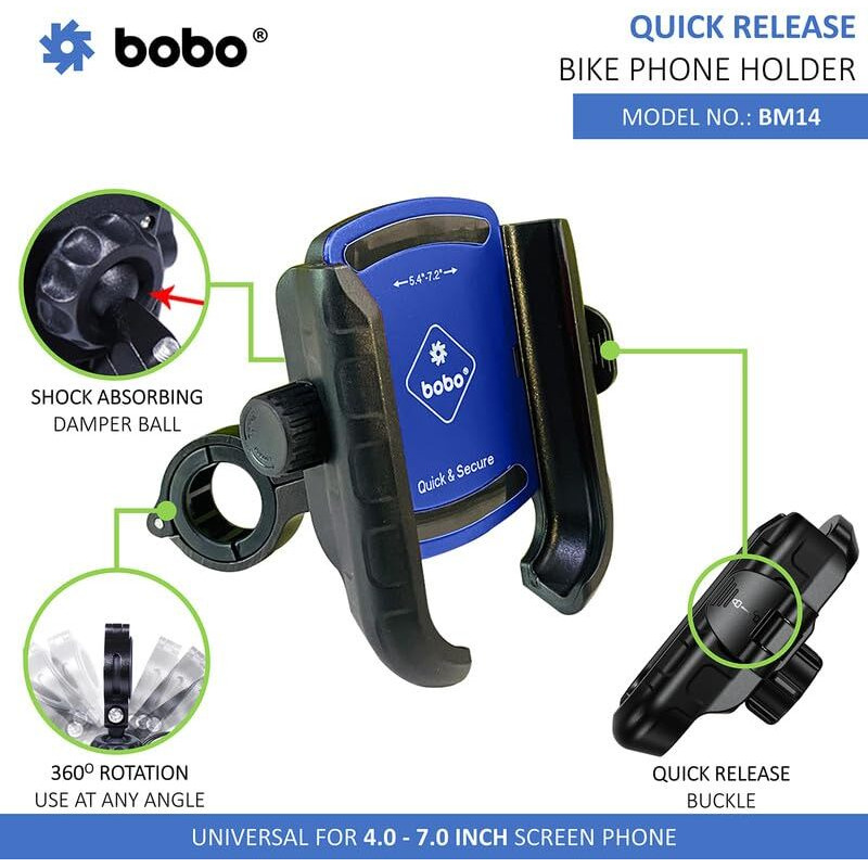 BOBO BM14 Quick Release Enhanced BM4 Waterproof Bike/Motorcycle/Scooter Mobile Phone Holder Mount, Ideal for Maps and GPS Navigation (Blue)