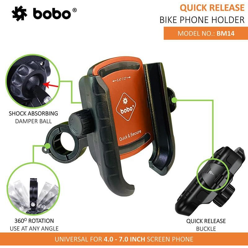 BOBO BM14 Quick Release Enhanced BM4 Waterproof Bike/Motorcycle/Scooter Mobile Phone Holder Mount, Ideal for Maps and GPS Navigation (Orange)