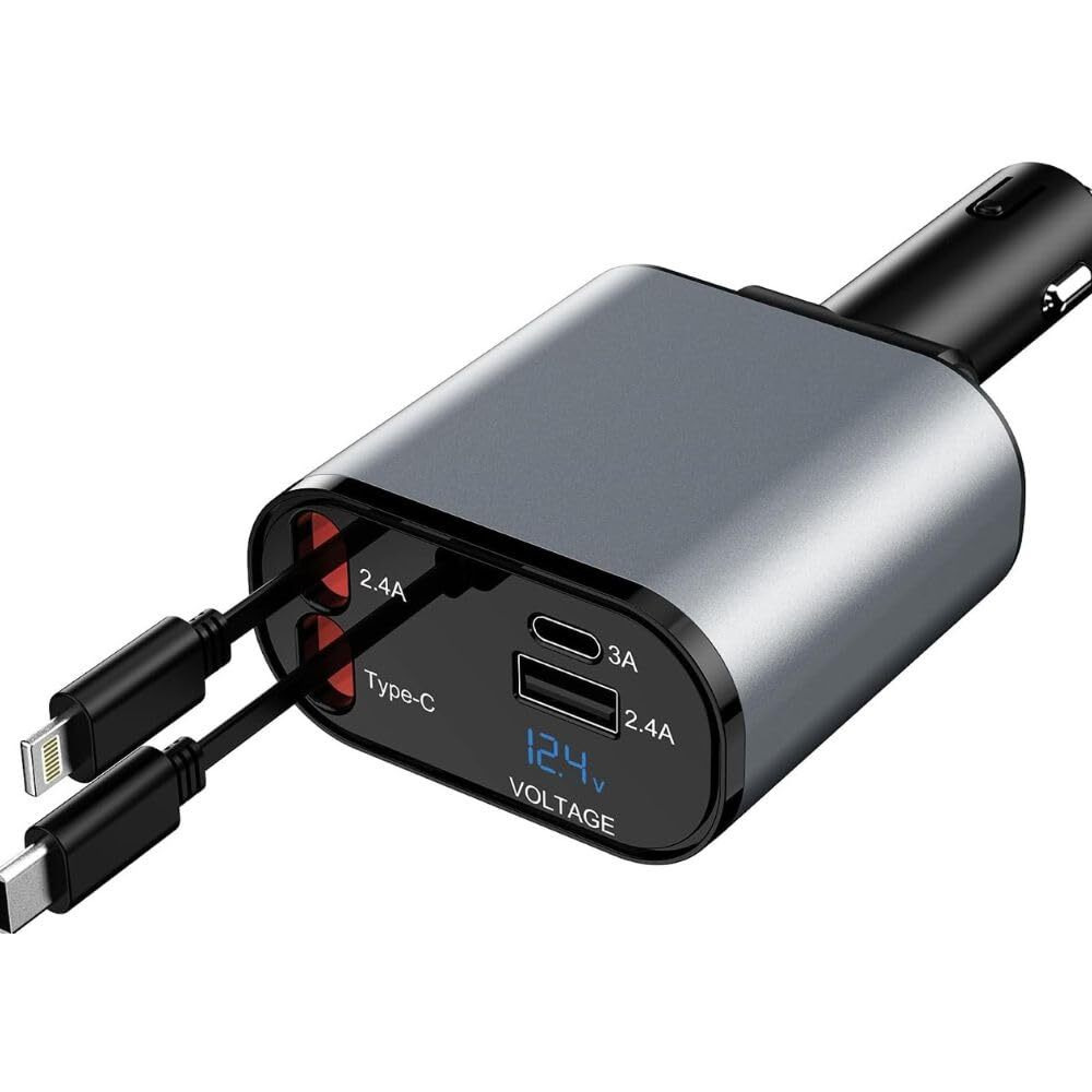 AILKIN 120W 4 in 1 Retractable Car Charger,Super Fast Charge Car Phone Charger,Retractable Cables & 2 USB Ports Car Adapter for Android Phones & iPhone 16/15/14/13/12/11 Pro Max,Xr,Ipad,Pixel (Grey)