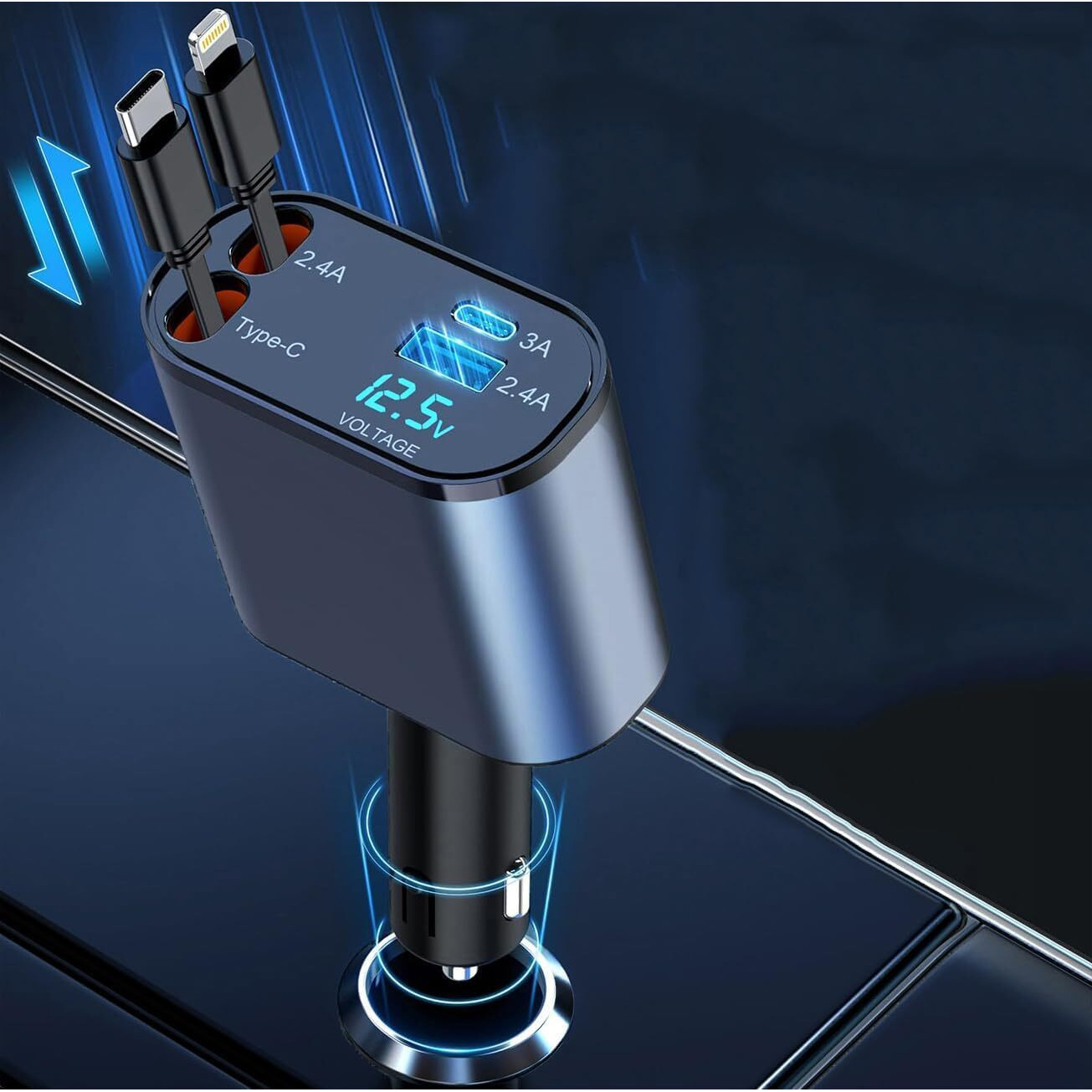 AILKIN 120W 4 in 1 Retractable Car Charger,Super Fast Charge Car Phone Charger,Retractable Cables & 2 USB Ports Car Adapter for Android Phones & iPhone 16/15/14/13/12/11 Pro Max,Xr,Ipad,Pixel (Grey)