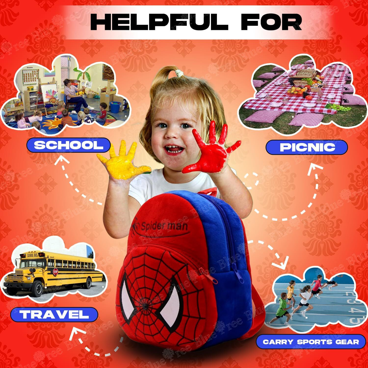 blue tree 10 Liters Kids Backpack Mini Travel Bag 1-6 Years Spider,Red