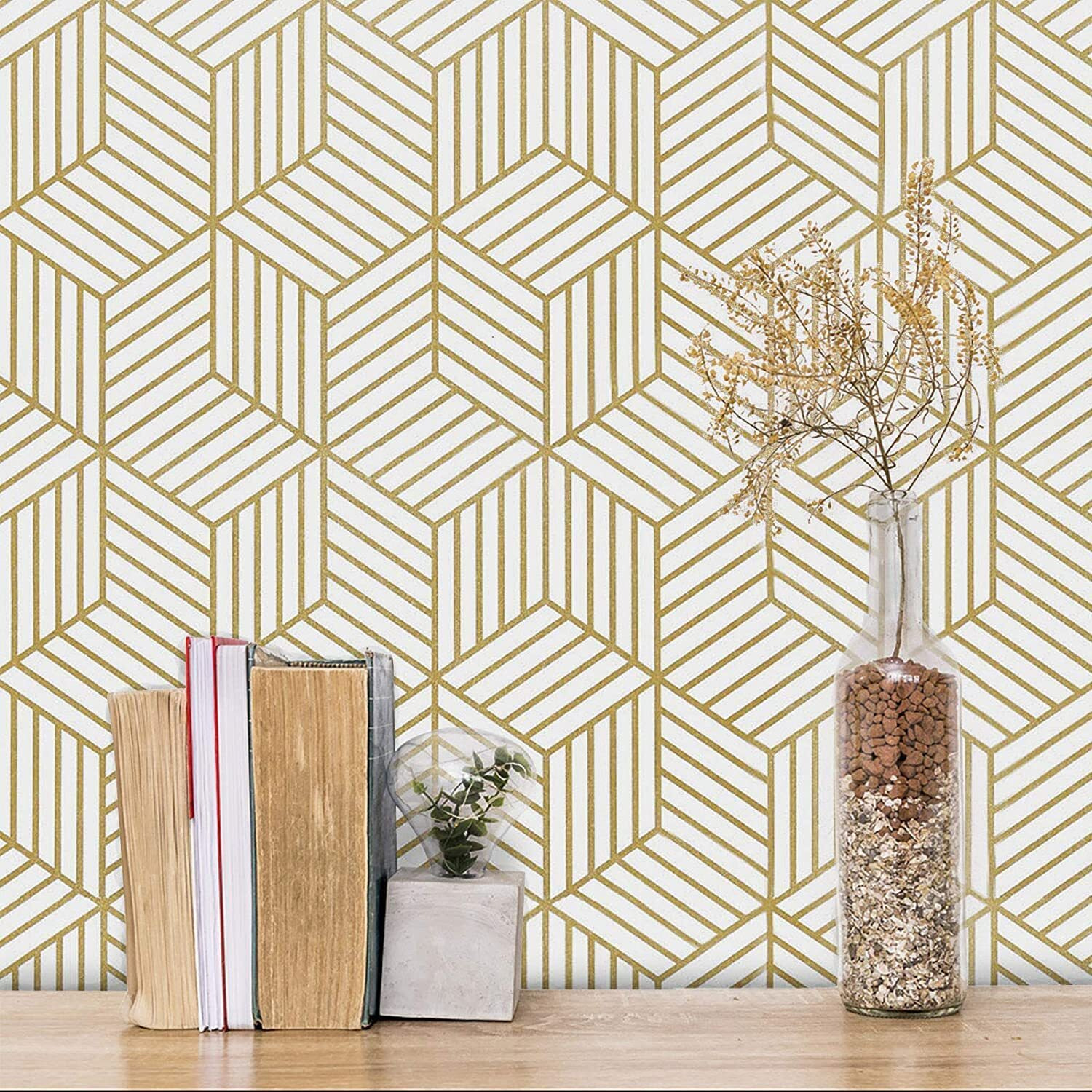 FOKRIM Gold and White Geometric Wallpaper for Walls Sticker 45x300cm (14-SQFT) Peel and Stick, Removable Self Adhesive, Waterproof Wallpaper, Elegant Wall Decor for Home and Office