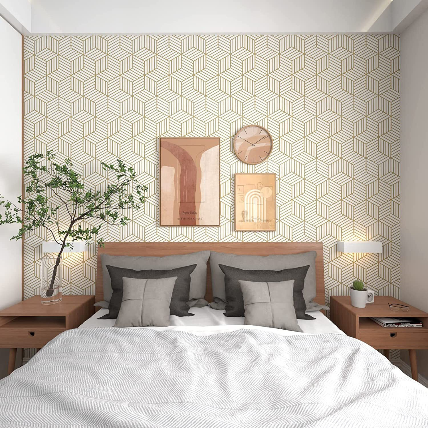 FOKRIM Gold and White Geometric Wallpaper for Walls Sticker 45x300cm (14-SQFT) Peel and Stick, Removable Self Adhesive, Waterproof Wallpaper, Elegant Wall Decor for Home and Office