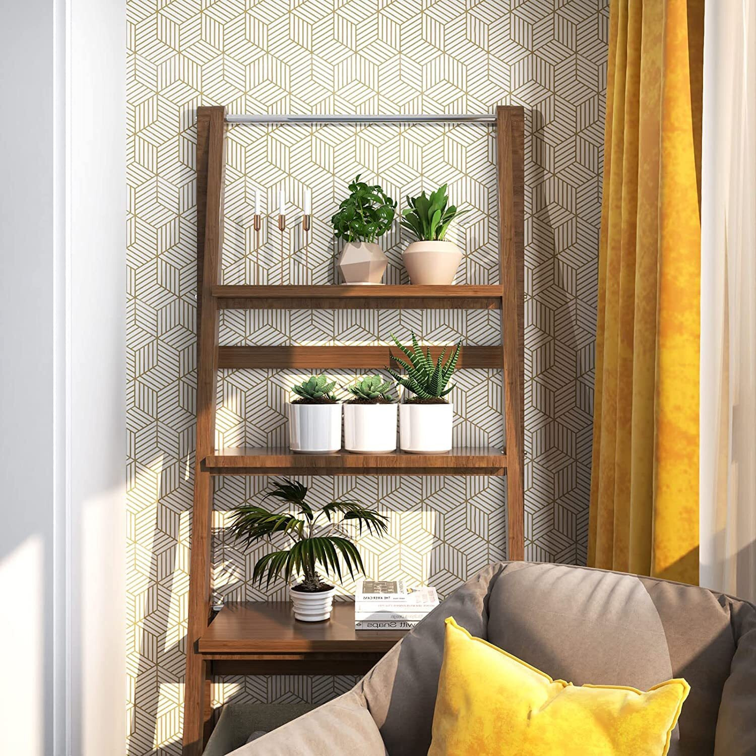 FOKRIM Gold and White Geometric Wallpaper for Walls Sticker 45x300cm (14-SQFT) Peel and Stick, Removable Self Adhesive, Waterproof Wallpaper, Elegant Wall Decor for Home and Office