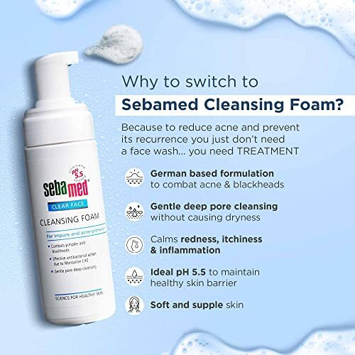 Sebamed Clear Face Cleansing Foam| pH 5.5 | Combats pimples with Montaline C40 | Deep pore cleansing | Dermatologically & clinically tested | 150ml