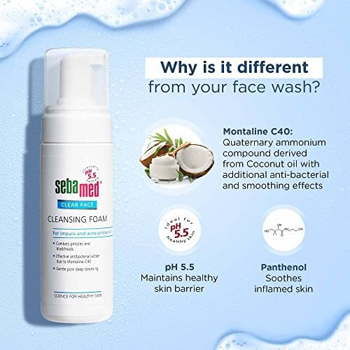 Sebamed Clear Face Cleansing Foam| pH 5.5 | Combats pimples with Montaline C40 | Deep pore cleansing | Dermatologically & clinically tested | 150ml