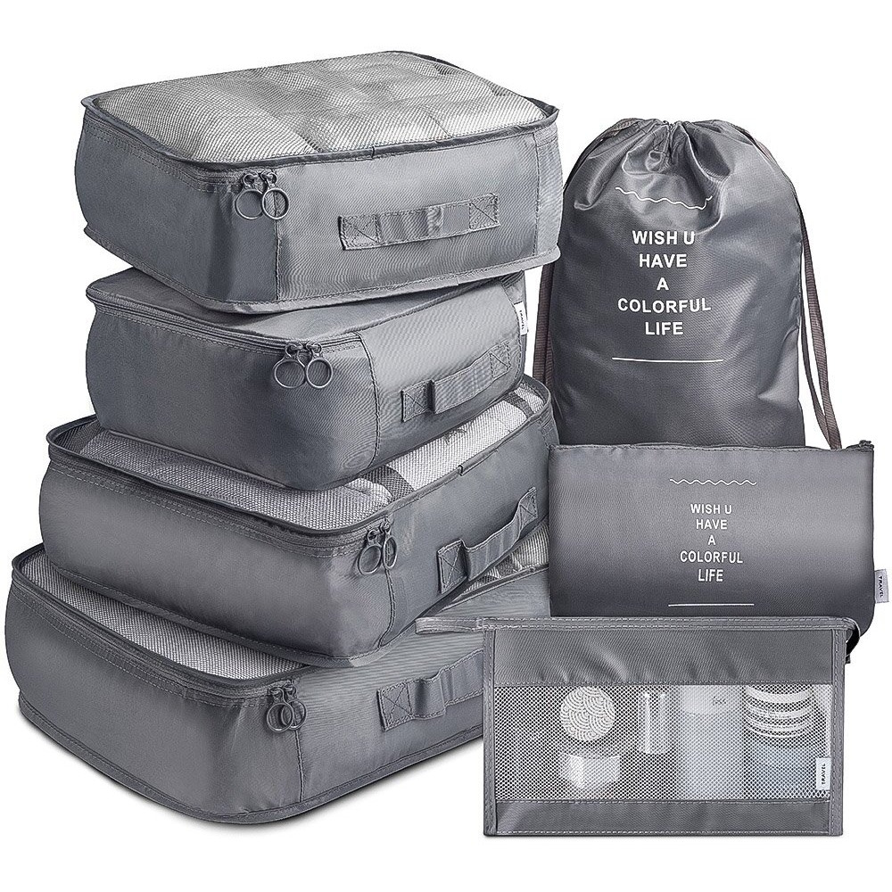 Ambiger Travel organizer 7 in 1 Travel Packing Cosmetics Luggage Packing Organizers Set Makeup Bags Organizer Packing Cubes with Shoe Bag for travel (Grey, nylon)