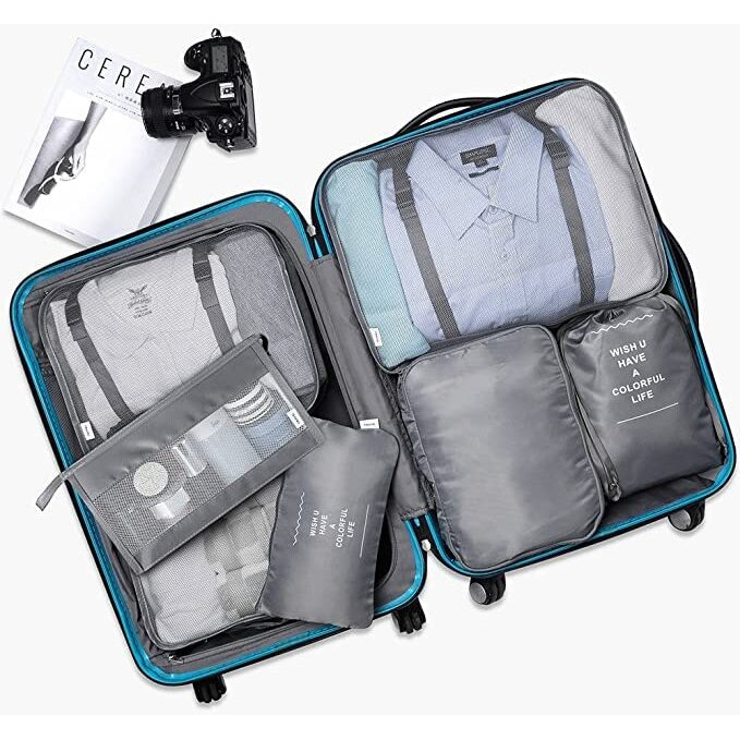Ambiger Travel organizer 7 in 1 Travel Packing Cosmetics Luggage Packing Organizers Set Makeup Bags Organizer Packing Cubes with Shoe Bag for travel (Grey, nylon)